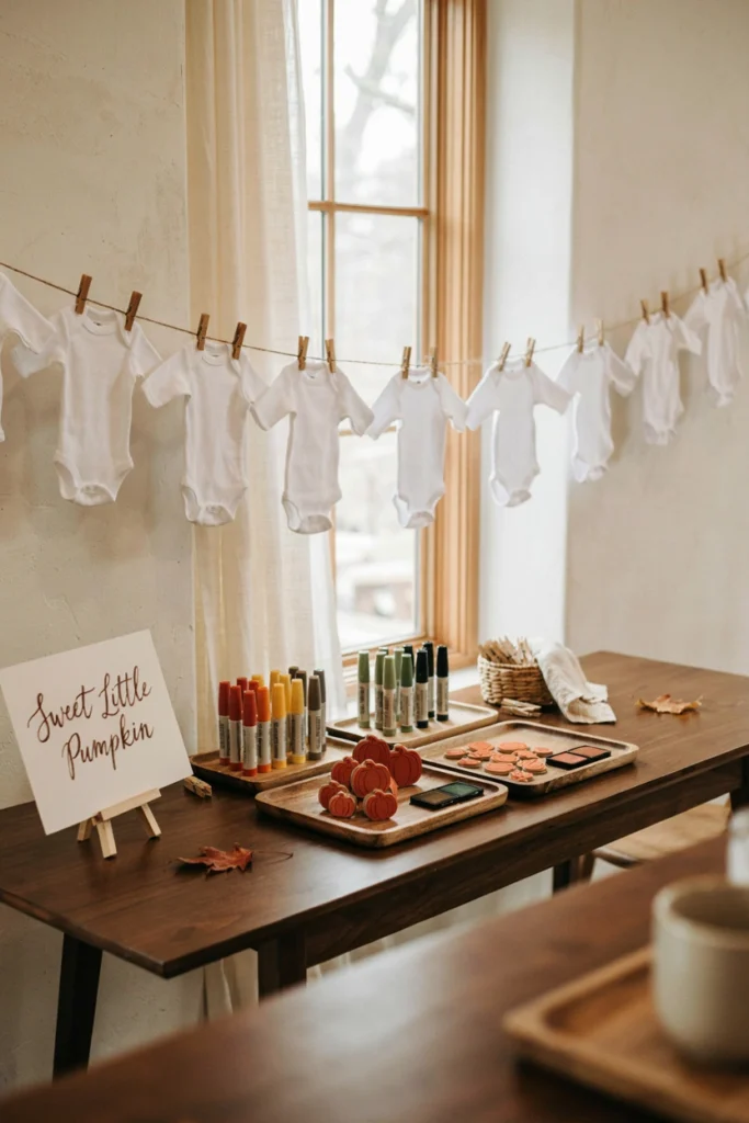 A craft table with plain white onesies clipped to a line, fabric markers, and small pumpkin-shaped stamps laid out on a wooden tray