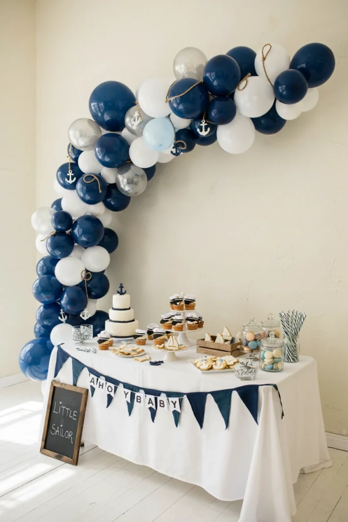 Navy and white striped balloon arch with rope and anchor accents for a nautical baby shower