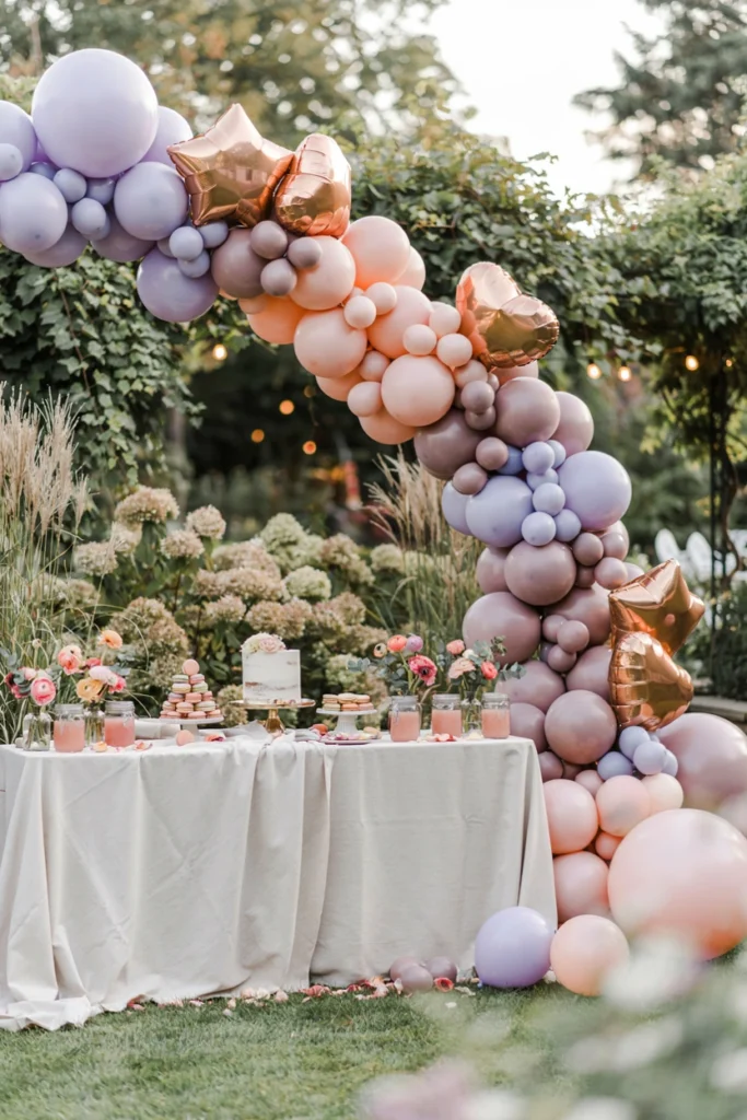 Asymmetrical balloon arch in lavender, blush, and gold outdoors under string lights