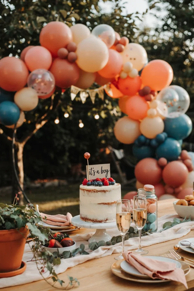 Warm terracotta and dusty blue balloon arch with a boho picnic setup beneath it