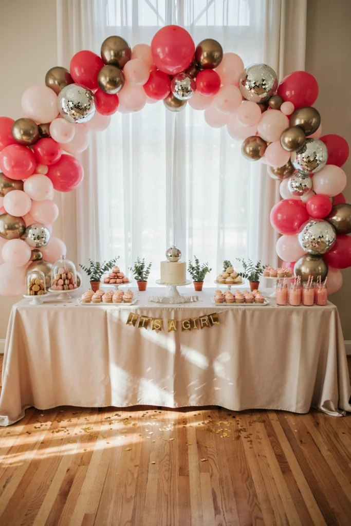 Bold hot pink and gold balloon arch with a disco ball centerpiece for a retro baby shower