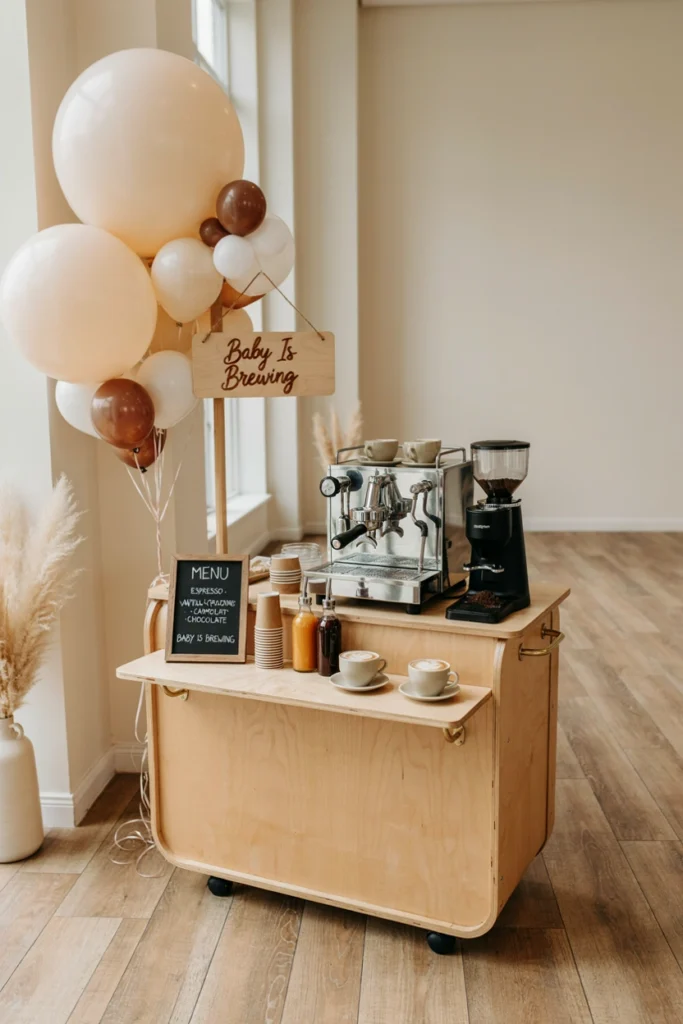 Mobile coffee cart with espresso machine and finished latte art cups