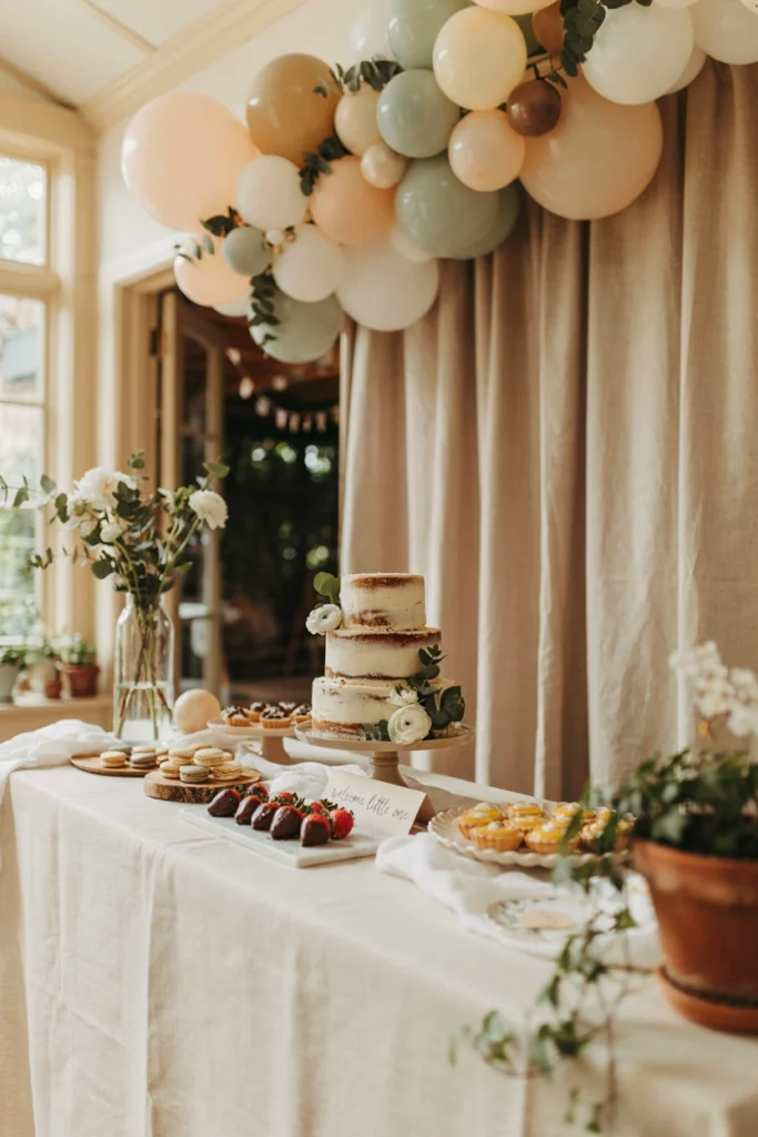 White and cream balloon arch with fresh eucalyptus garland woven through