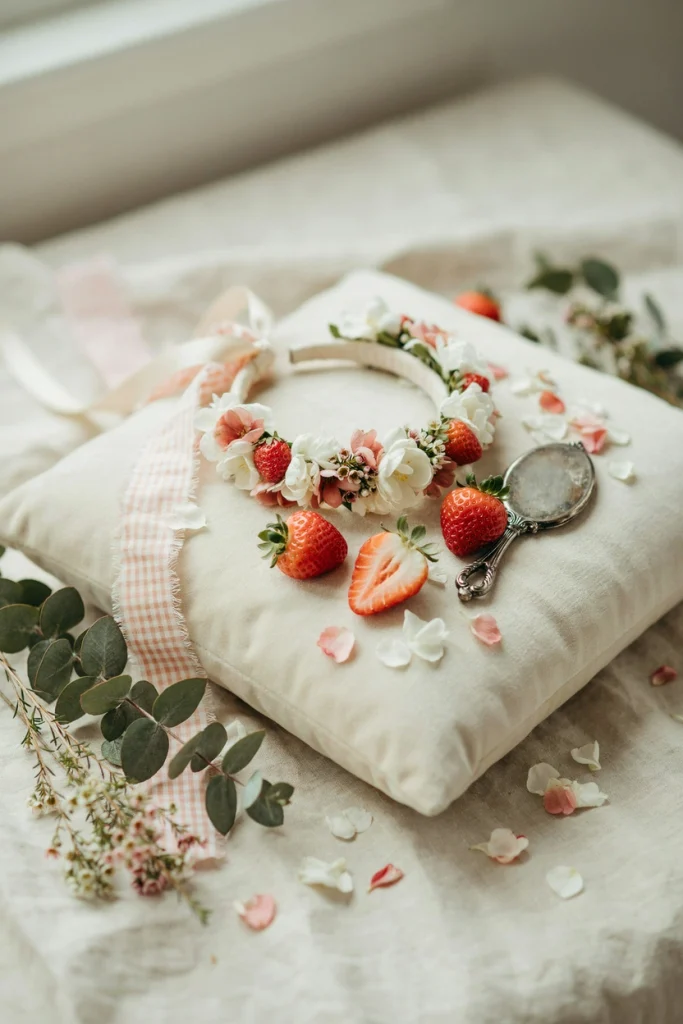 Soft floral crown with small fabric strawberries woven among white and pink blooms