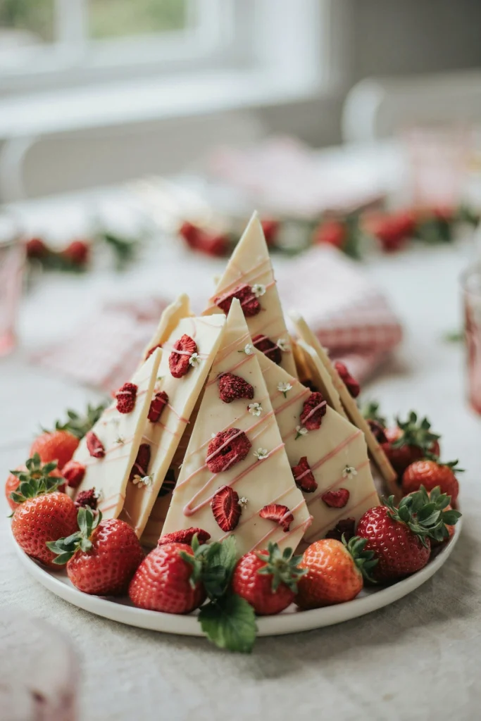 White chocolate bark studded with freeze-dried strawberry pieces