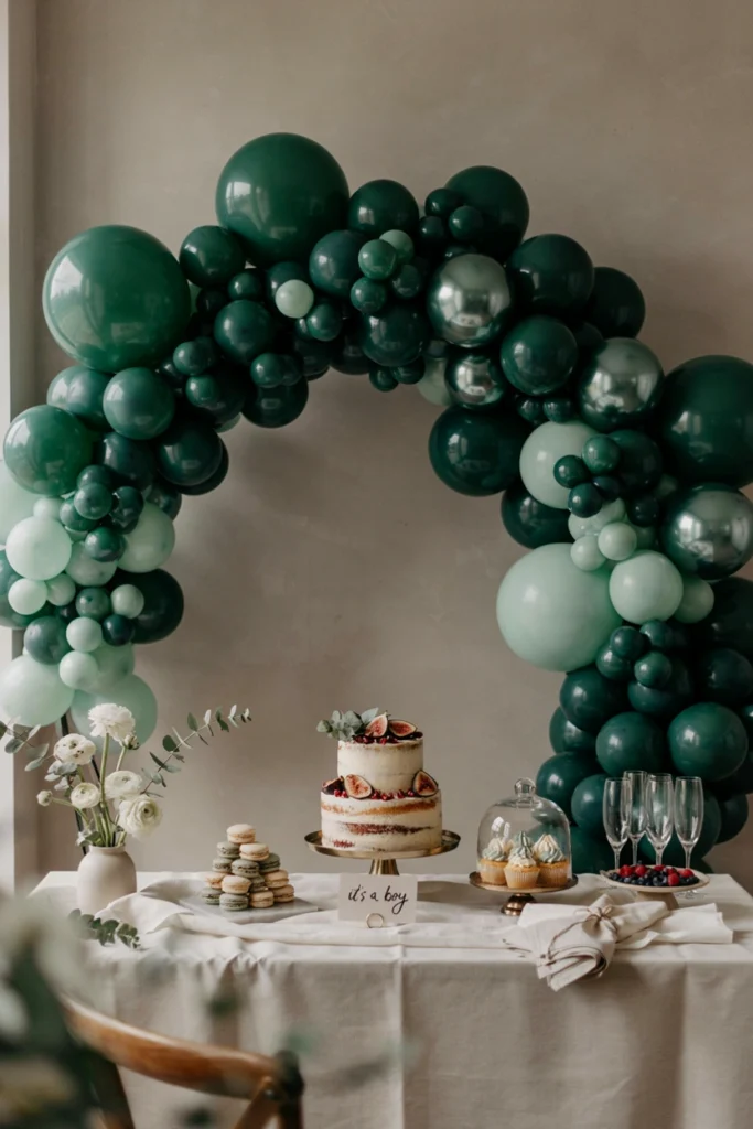 Single-color emerald green balloon arch in varying balloon sizes for a dramatic look