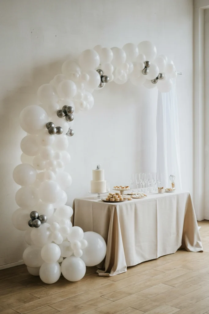 Minimalist all-white balloon arch with subtle silver metallic balloons in a clean indoor space
