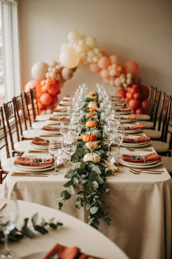 Long table runner made of eucalyptus garland with mini pumpkins tucked throughout