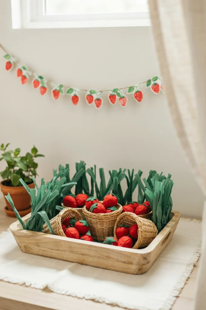 Shallow sensory bin with shredded green paper grass and felt strawberries
