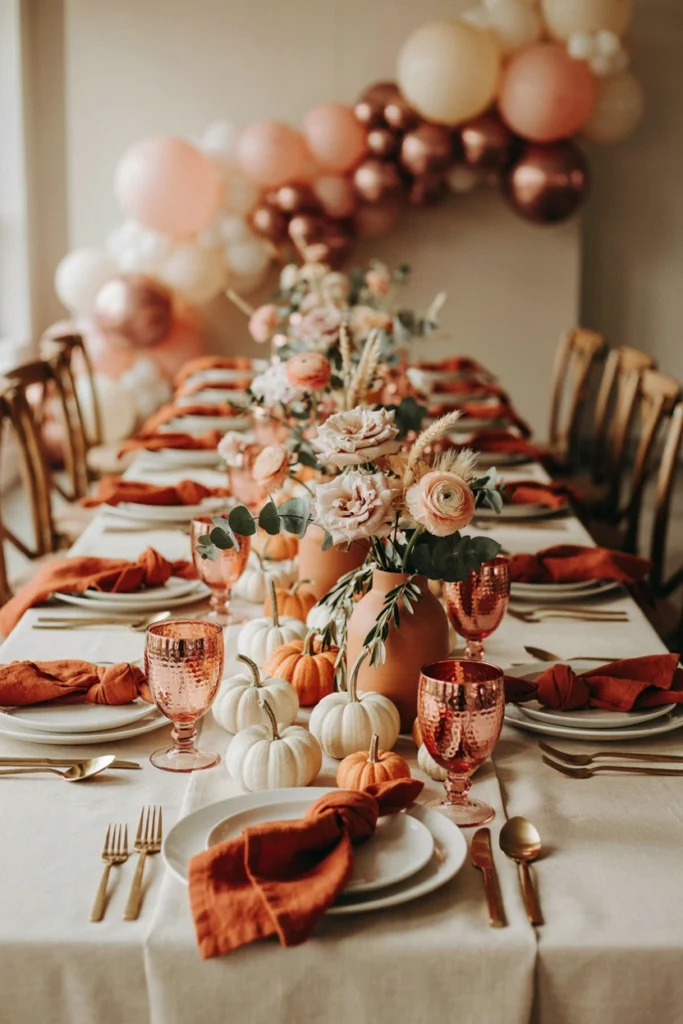 Tablescape styled with copper accents, terracotta pots, and burnt orange linens