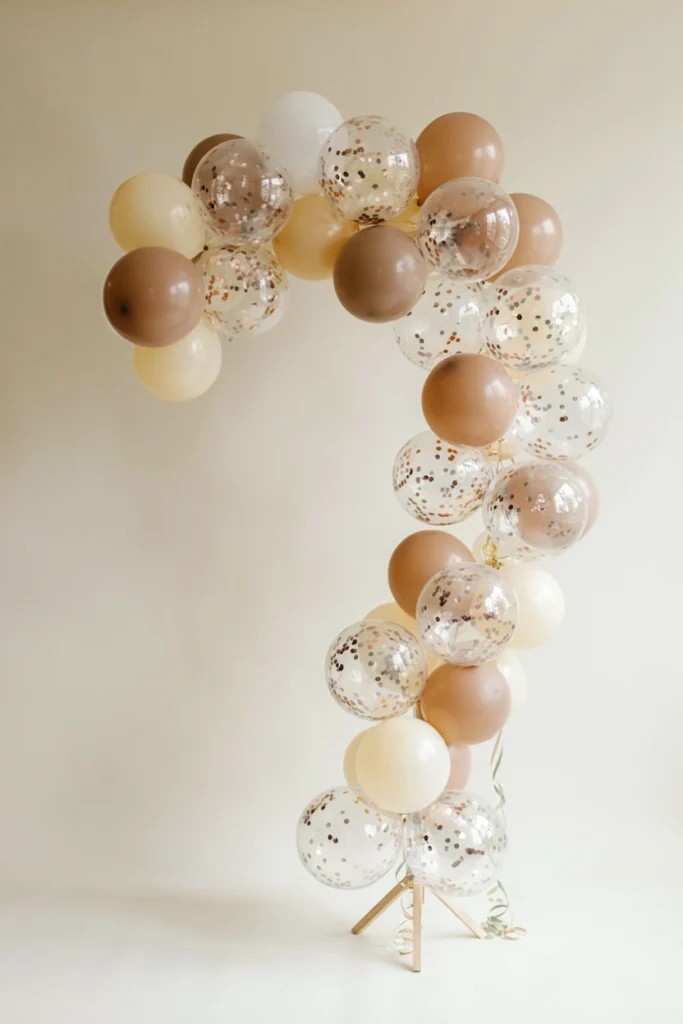 Clear confetti-filled balloons mixed with neutral solid balloons in a small arch