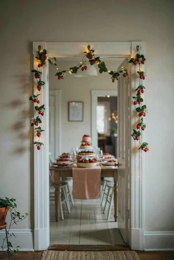 Doorway draped with fairy lights woven through a berry vine garland