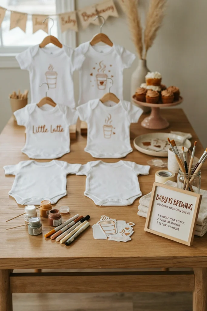 Latte art style onesie decorating station with fabric paint and stencils
