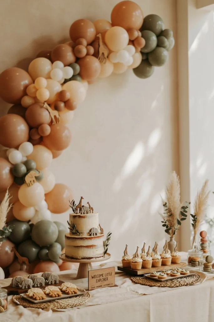 Warm neutral safari-themed balloon arch with giraffe and elephant cutouts