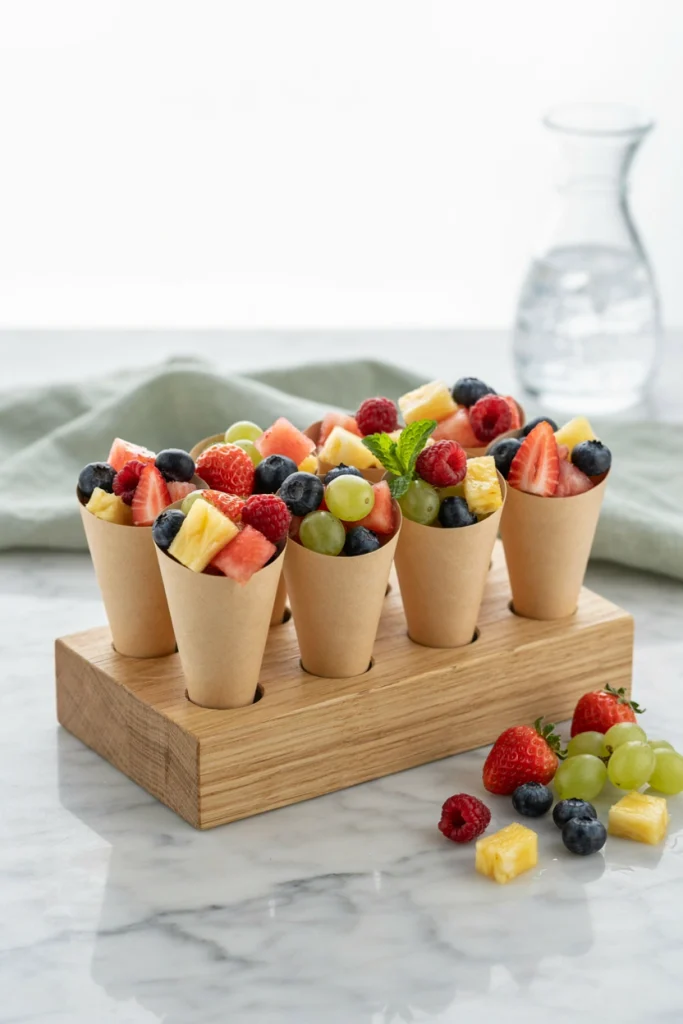 Small paper cones filled with a mix of fruit standing upright in a display holder