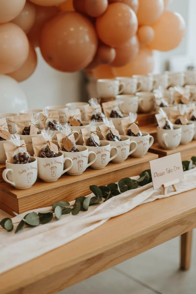Take home personalized coffee mug favors displayed on a table