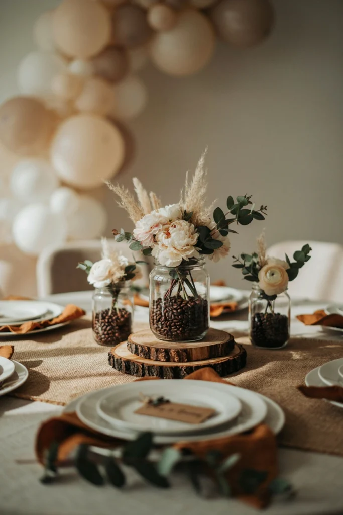 Candle-free coffee bean centerpiece with cream florals and dried grasses