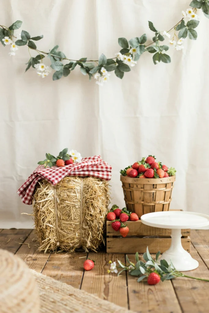 Small hay bale with faux strawberry vines as a rustic photo corner