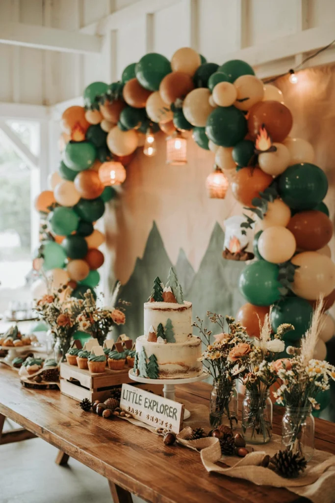 Deep forest green and brown balloon arch with pinecone and leaf accents for a camping theme