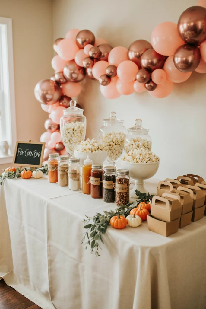 Popcorn bar with pumpkin spice seasoning and toppings in labeled jars