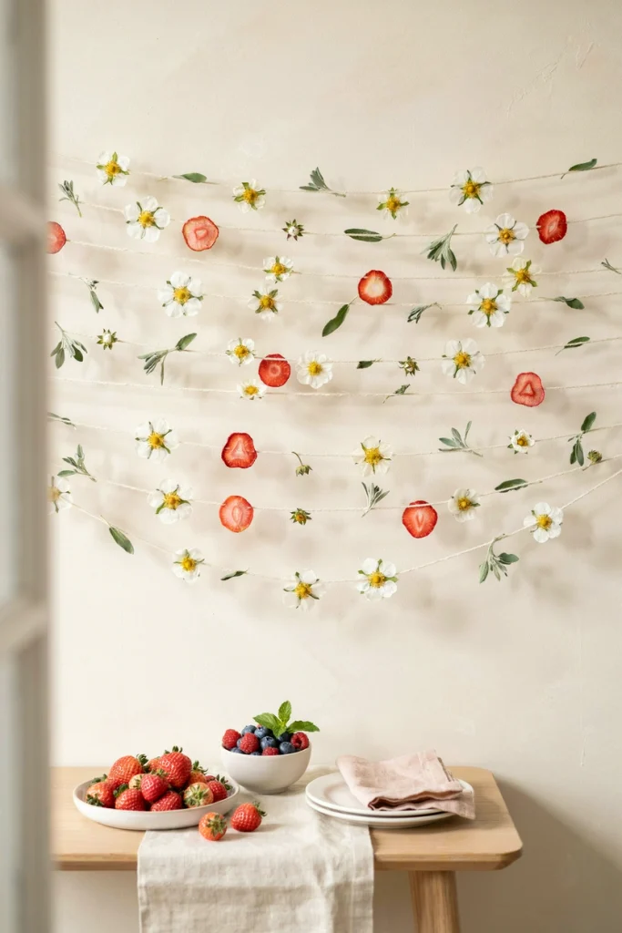 Pressed white flowers and greenery strung on twine as a wall hanging