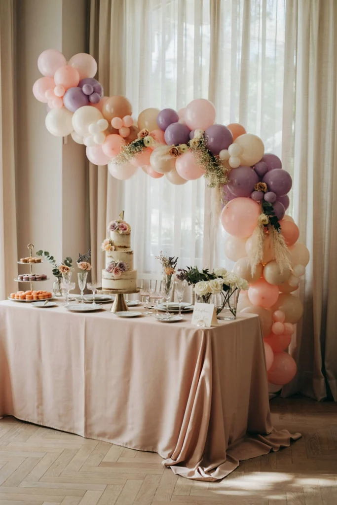 Pastel pink balloon arch with small silk flowers tucked between balloon clusters