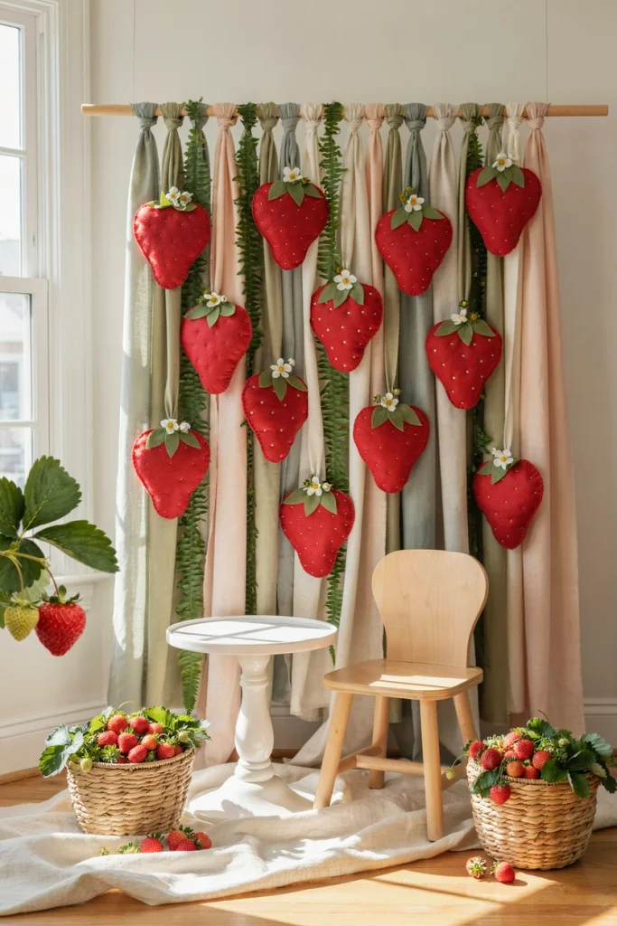 Green fabric strip backdrop with red felt strawberries for a berry first birthday