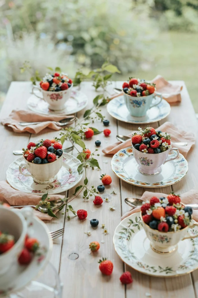 Mismatched vintage teacups filled with fresh berries at each place setting