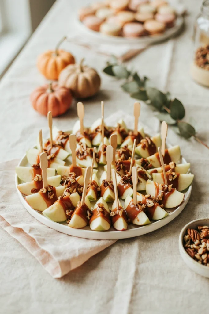 Mini caramel apple bites arranged on a dessert platter for a fall baby shower