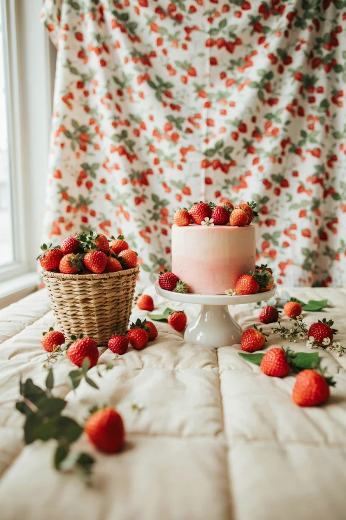 Baby beside a wicker basket overflowing with faux strawberries during a cake smash