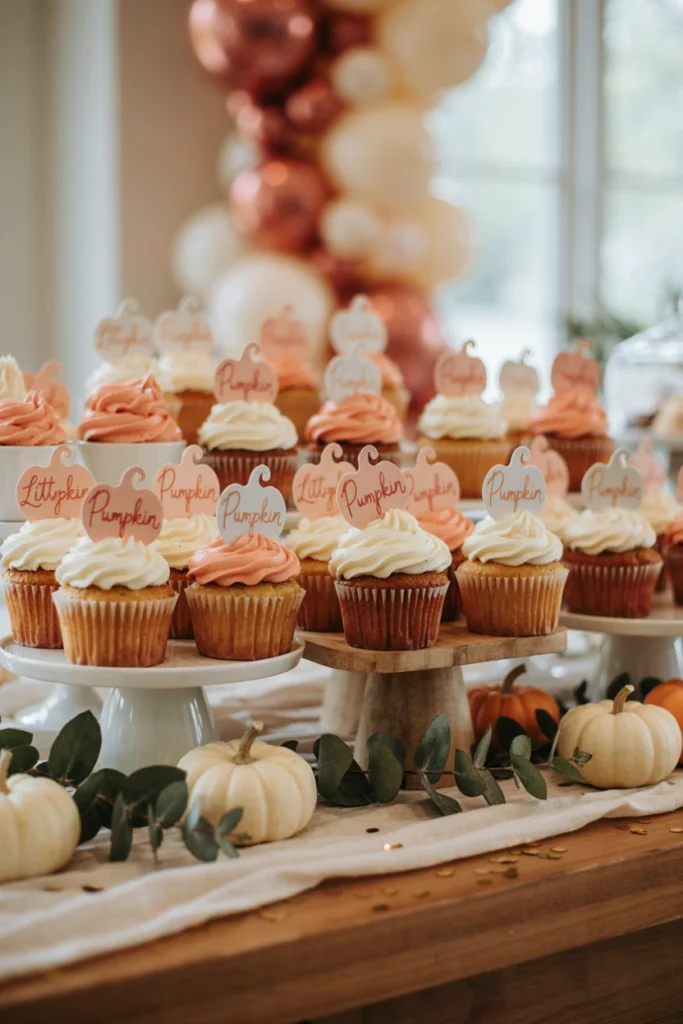 Pumpkin cupcake toppers for a fall baby shower dessert table