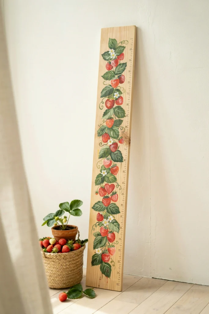 Wooden height marker painted with a strawberry vine growing up the side