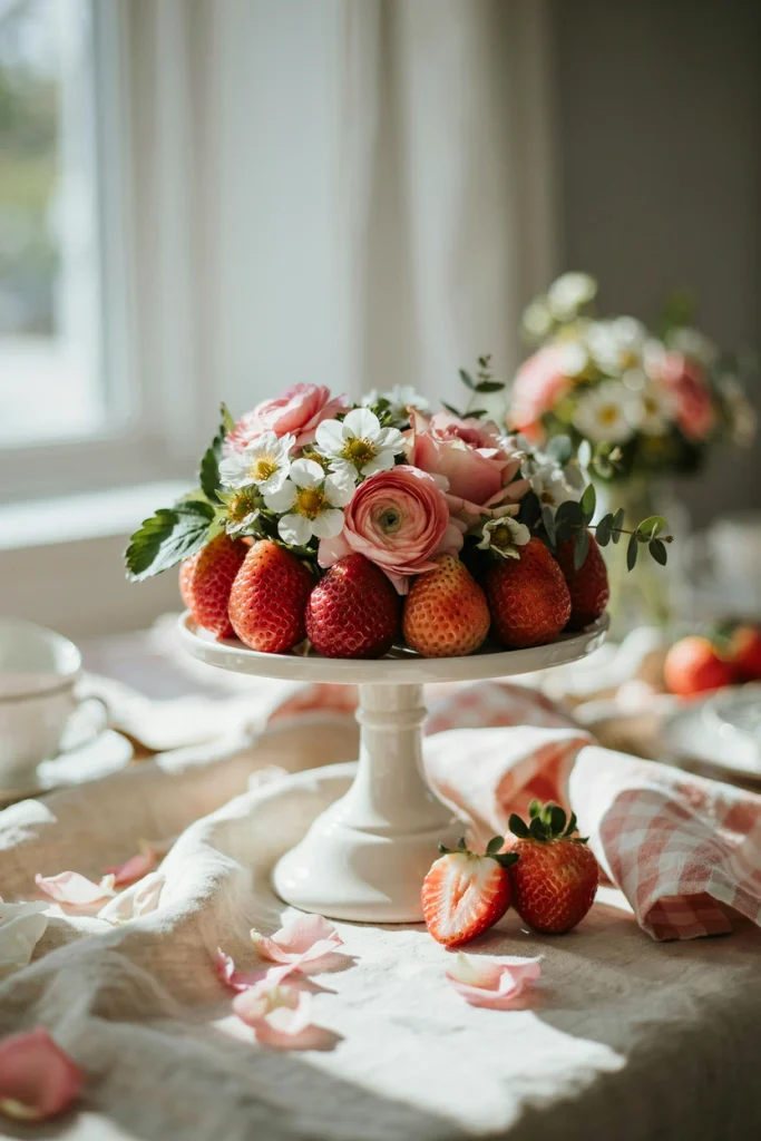 Pillar candle ringed with fresh strawberries on a small cake stand