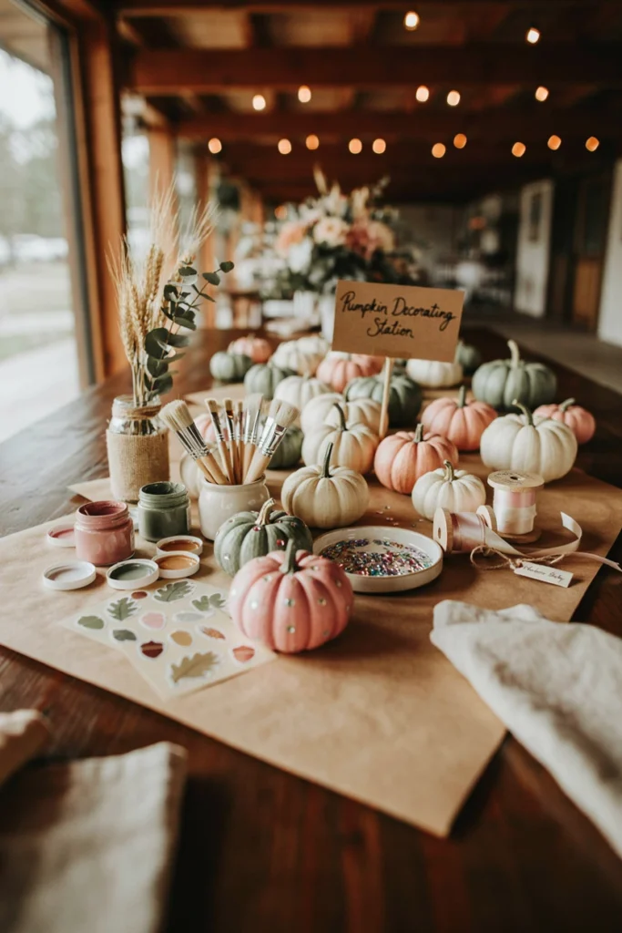 A craft table with small pumpkins, paint, gems, and ribbon for guests to decorate and take home