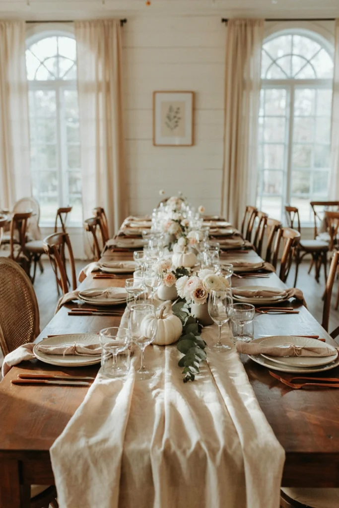 A long table dressed in natural linen runners with copper flatware and small taper candles