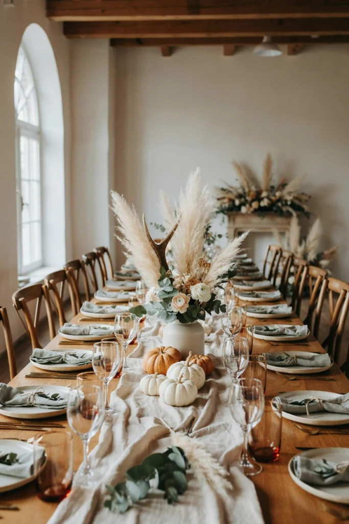A long wooden table centerpiece combining faux antlers, eucalyptus, and pampas grass in a low ceramic vase