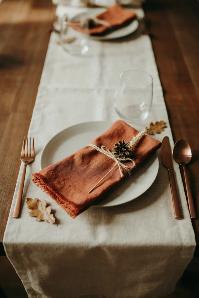 A folded rust-colored napkin tied with twine and tucked with a single mini pinecone at each place setting