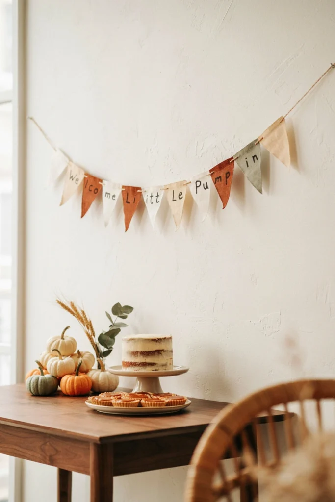 A simple printed paper banner in autumn colors spelling out a celebratory phrase, strung with twine