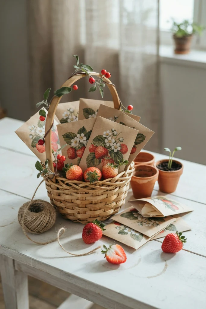 Small paper strawberry seed packets stacked in a basket by the door