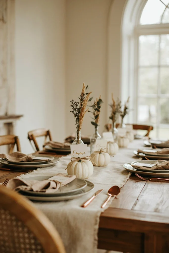 A row of small white pumpkins with gold calligraphy name tags tied on with twine, sitting on a burlap table runner