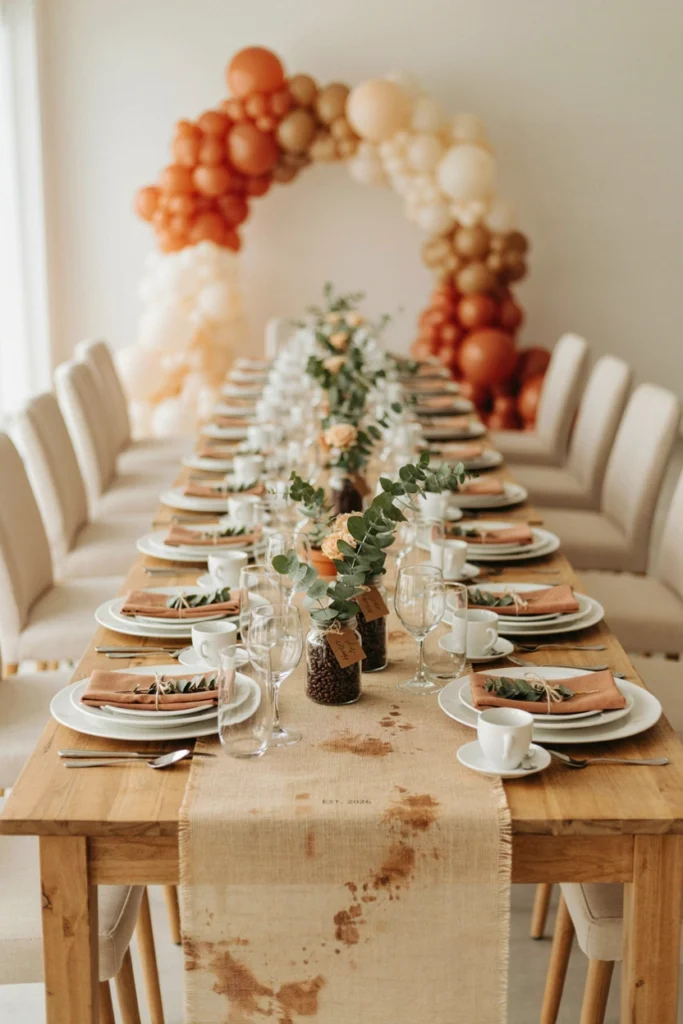 Burlap coffee sack table runner with greenery on a rustic wood table