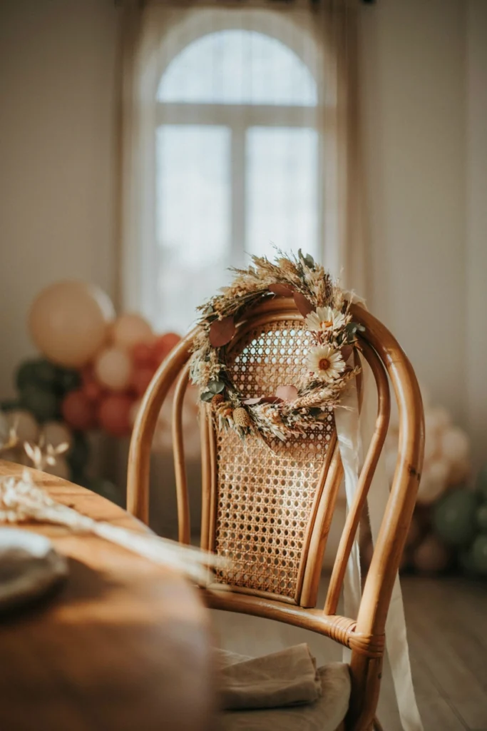 A dried flower and wheat stalk crown resting on a chair back reserved for the guest of honor