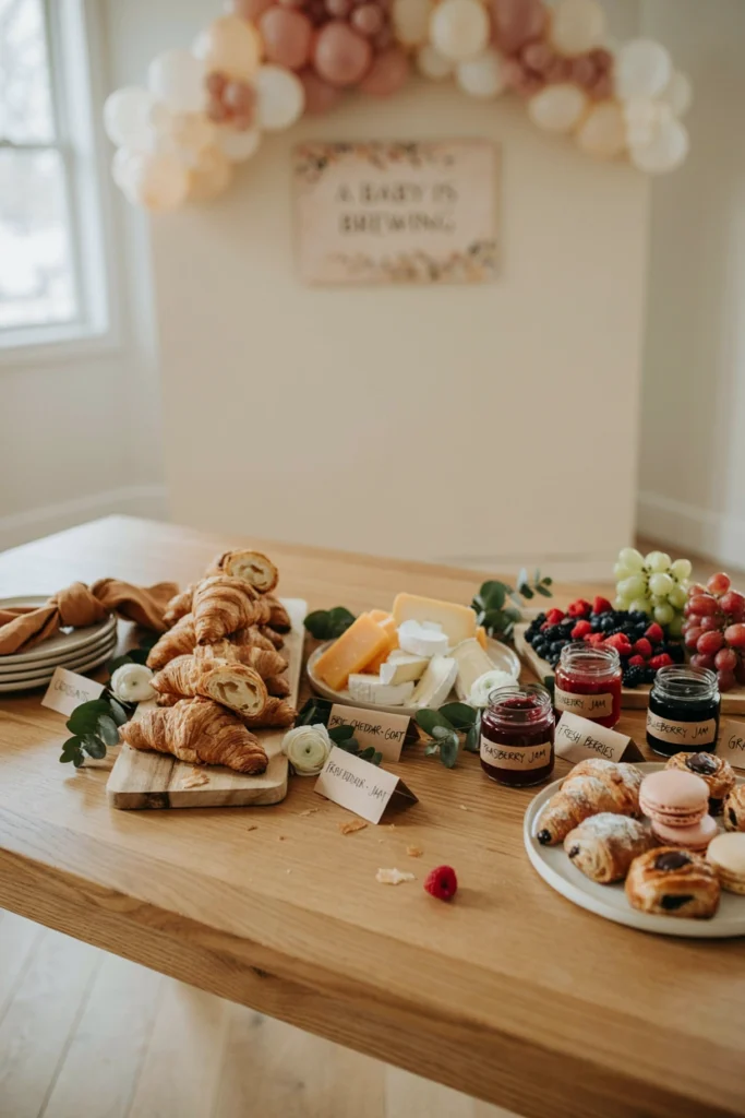 Baby Is Brewing brunch grazing table with pastries and fresh fruit