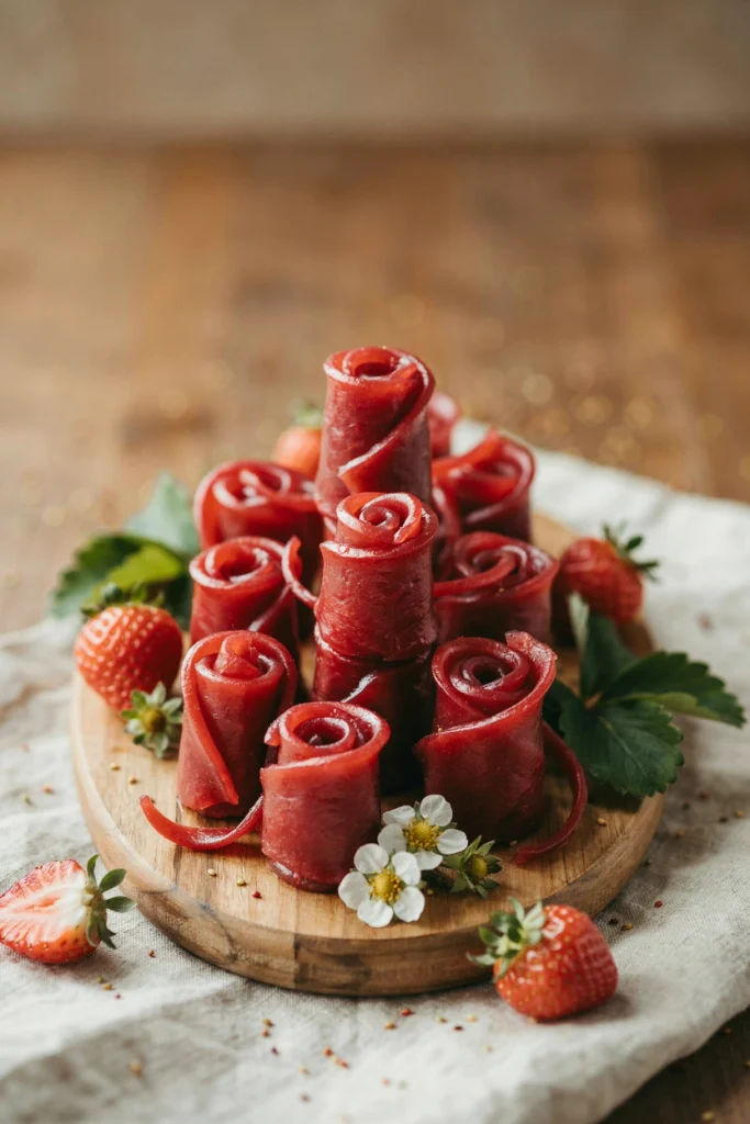 Strawberry fruit leather rolled into small rose shapes on a wooden board