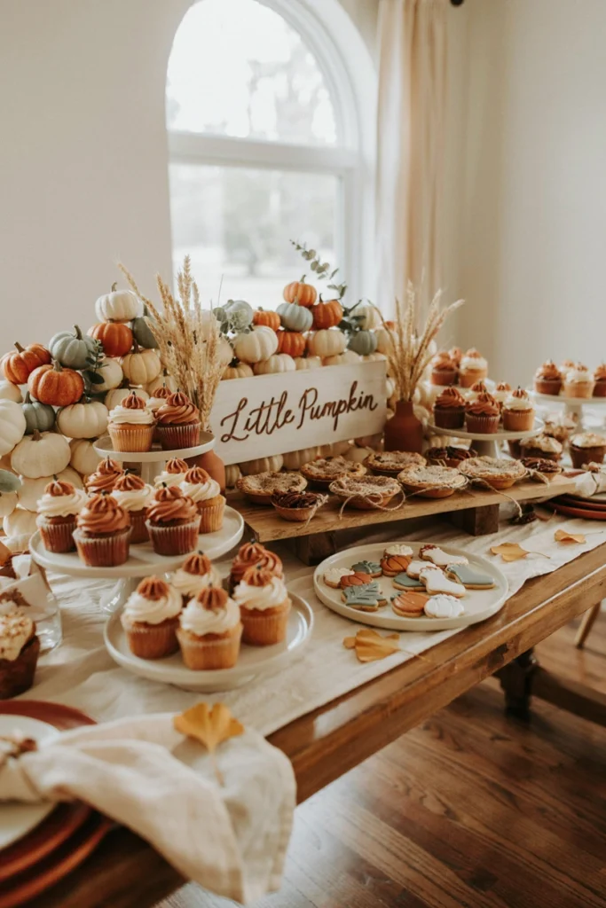 A dessert table backdrop made of stacked white and orange pumpkins with a hand-lettered 'Little Pumpkin' sign in the center