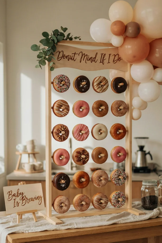 Interactive donut wall next to a coffee bar station