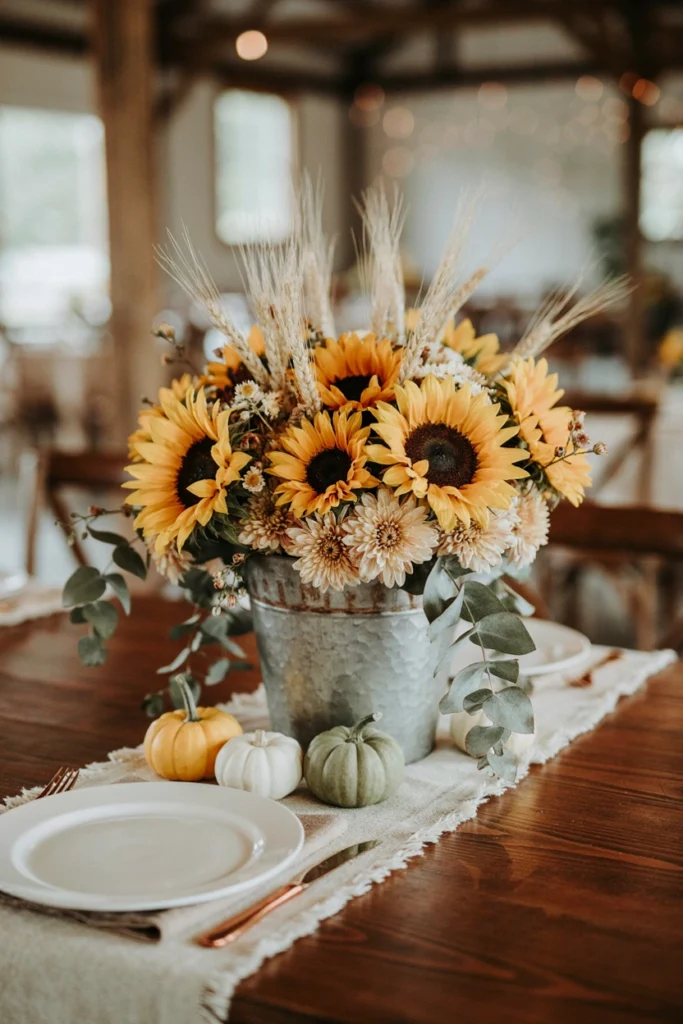 A rustic centerpiece combining sunflowers, wheat stalks, and small squash in a galvanized metal bucket