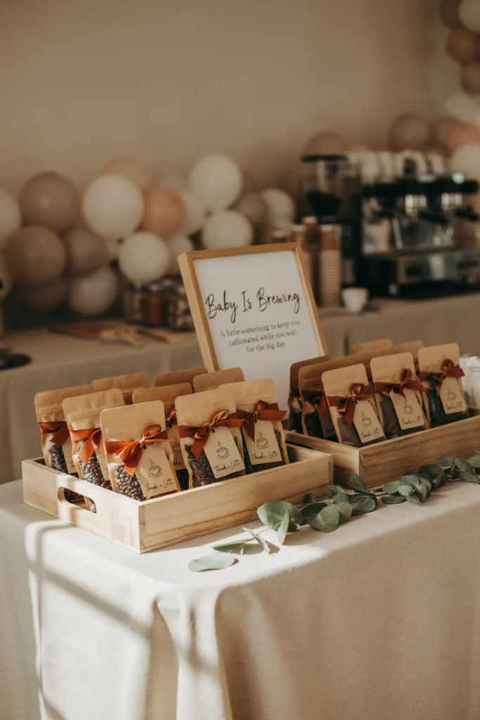 Personalized coffee bag favors with Thanks a Latte tags