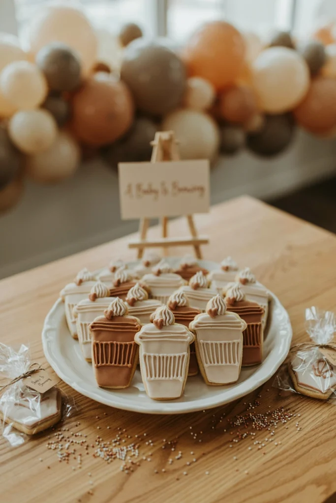 Coffee cup shaped sugar cookies with a heart icing detail