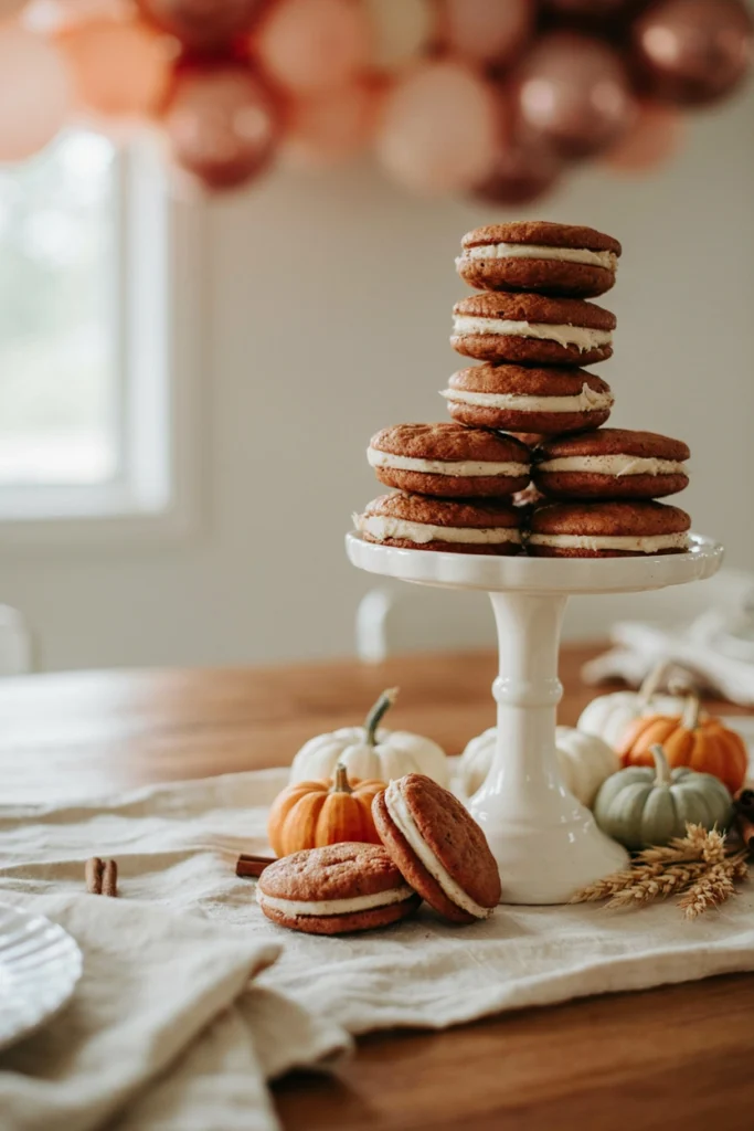 Small pumpkin spice whoopie pies stacked on a dessert stand
